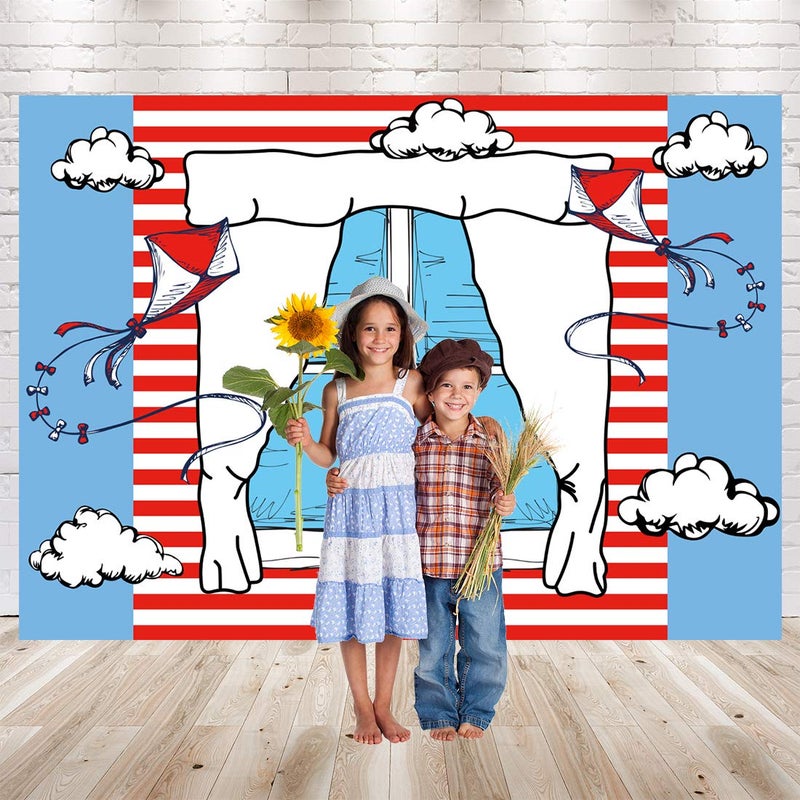 Ticuenicoa 7x5ft Cartoon Window Backdrops for Photography Kids Birthday Party Background Blue Red Kite Striped Kids Baby Shower Party Backdrop Boys Girls 1st Birthday Decorations Cake Table Banner - Image 3